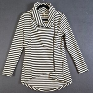 My Beloved Striped Asymmetrical Zip Jacket Gray White Small Cowl Neck Fitted